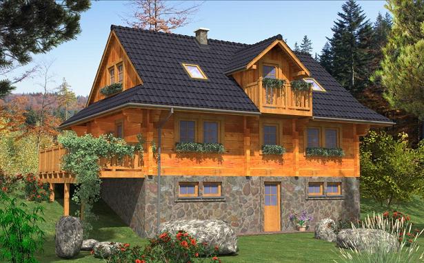 Casa din lemn masiv cu mansarda si demisol din piatra - proiect si imagini