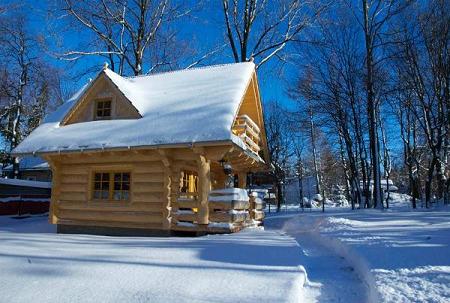 Casa mica si frumoasa din lemn masiv cu parter si mansarda