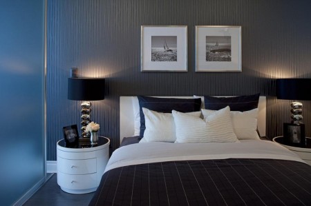 Dormitor modern decorat in alb si negru