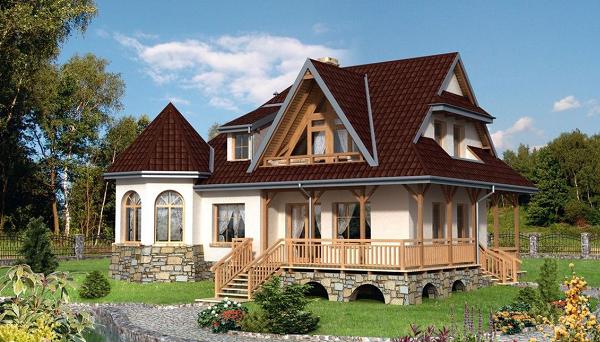 Proiect de casa cu aspect rustic. O locuinta cu prispa si demisol partial, placat cu piatra