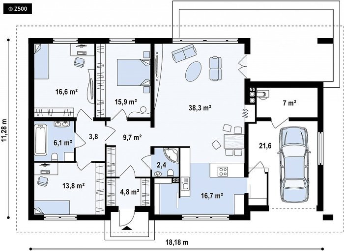 Casa fara etaj cu 3 dormitoare, garaj si acoperis in 4 ape - proiect