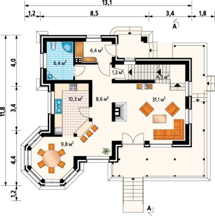 Casa cu aspect rustic, prispa si demisol partial placat cu piatra - proiect parter 