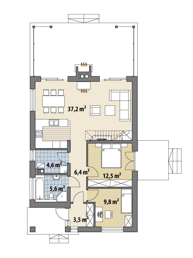 Casa de 80 mp, cu 2 camere si terasa mare - proiect