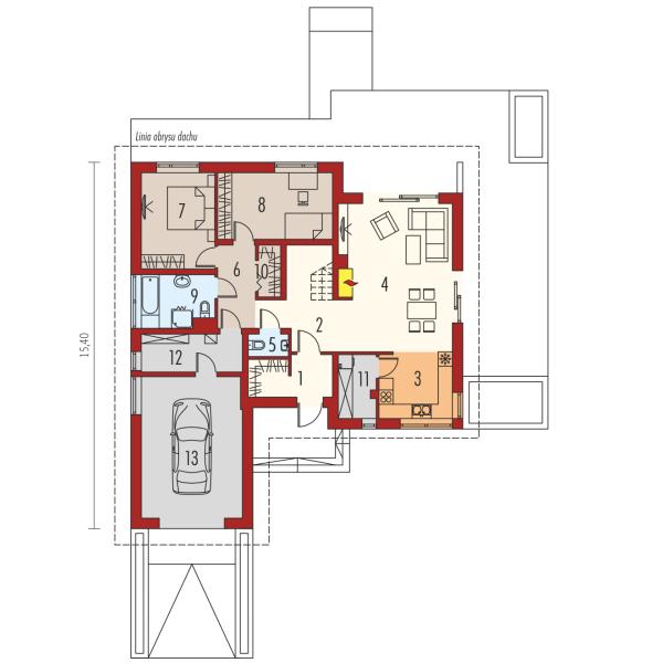 Casa pe un nivel cu living, 2 dormitoare si garaj - proiect