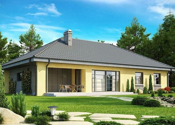 Casa fara etaj cu 3 dormitoare, garaj si acoperis in 4 ape - proiect si imagini din interior si exterior