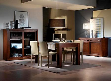 Amenajare in stil modern cu mobilier pentru dining compus din masa extensibila, vitrina, si bufet