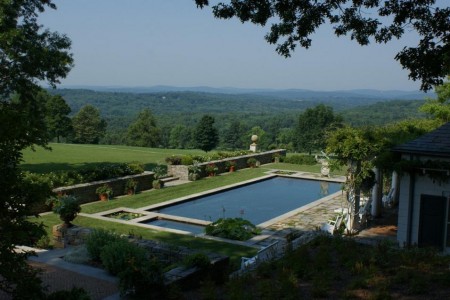 Piscina incadrata de mici bazine cu plante acvatice