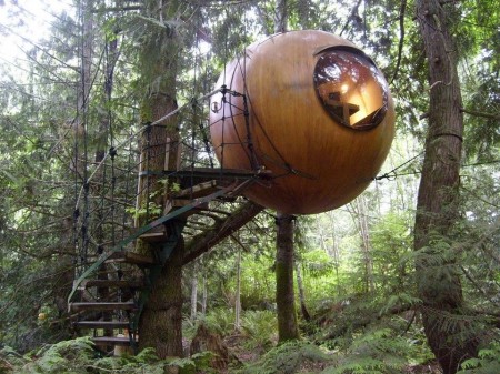 Casa sferica suspendata in copaci