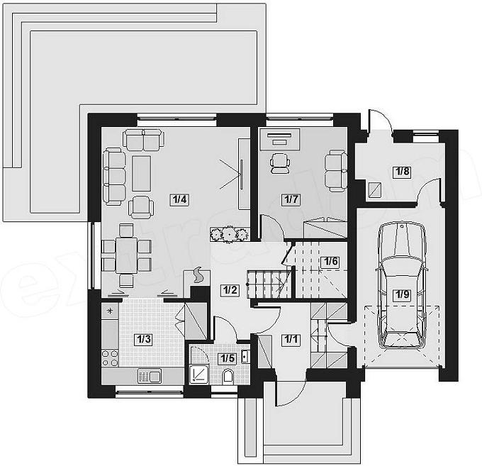 Casa cu mansarda, cu 2 livinguri, garaj, 3 dormitoare si birou - proiect