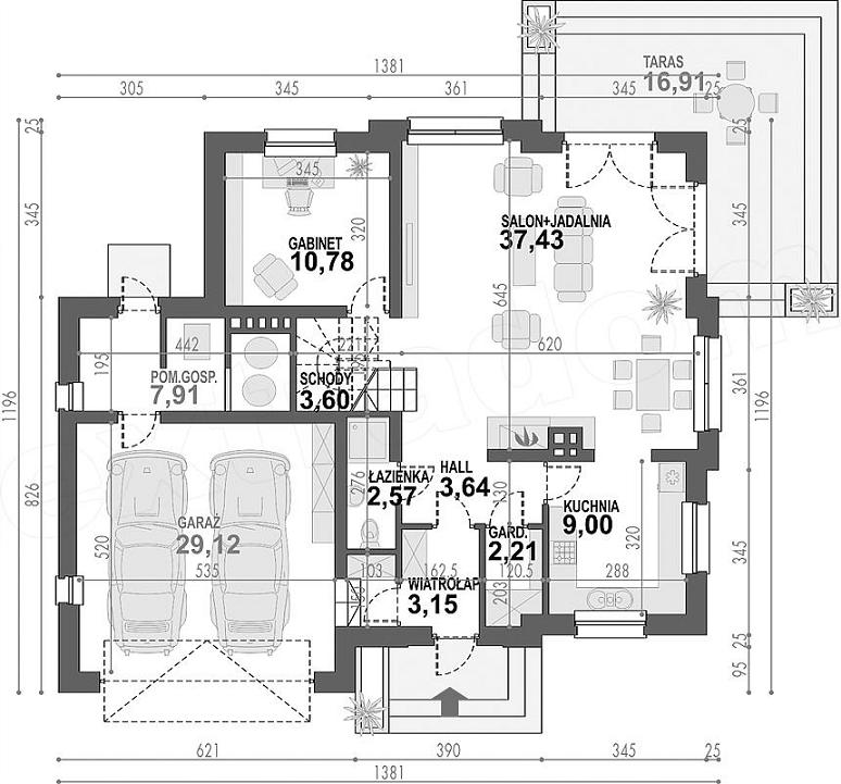  Casa cu mansarda cu 3 dormitoare, birou si garaj pentru 2 masini - proiect parter