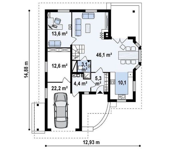 Casa cu mansarda partial placata cu piatra -proiect parter