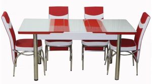 SET MASA EXTENSIBILA BLAT STICLA + 4 SCAUNE PIELE ECOLOGICA ELT MODELLA, ROSU-ALB - SET MASA EXTENSIBILA BLAT STICLA + 4 SCAUNE PIELE ECOLOGICA ELT MODELLA, ROSU-ALB