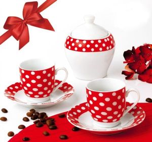 SERVICIU DE CAFEA OTI, PORTELAN, 6 PIESE, ALB CU BULINE ROSII - SERVICIU DE CAFEA OTI, PORTELAN, 6 PIESE, ALB CU BULINE ROSII