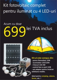 KIT FOTOVOLTAIC COMPLET CU LED-URI PENTRU CABANE 15W/4LED/12AH + INCARCATOR PENTRU TELEFOANE MOBILE - KIT FOTOVOLTAIC COMPLET CU LED-URI PENTRU CABANE 15W/4LED/12AH + INCARCATOR PENTRU TELEFOANE MOBILE