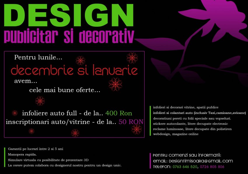 INSCRIPTIONARI AUTO, DECORARI VITRINE MAGAZINE, INFOLIERI TAXI, DECORATIUNI PERETI