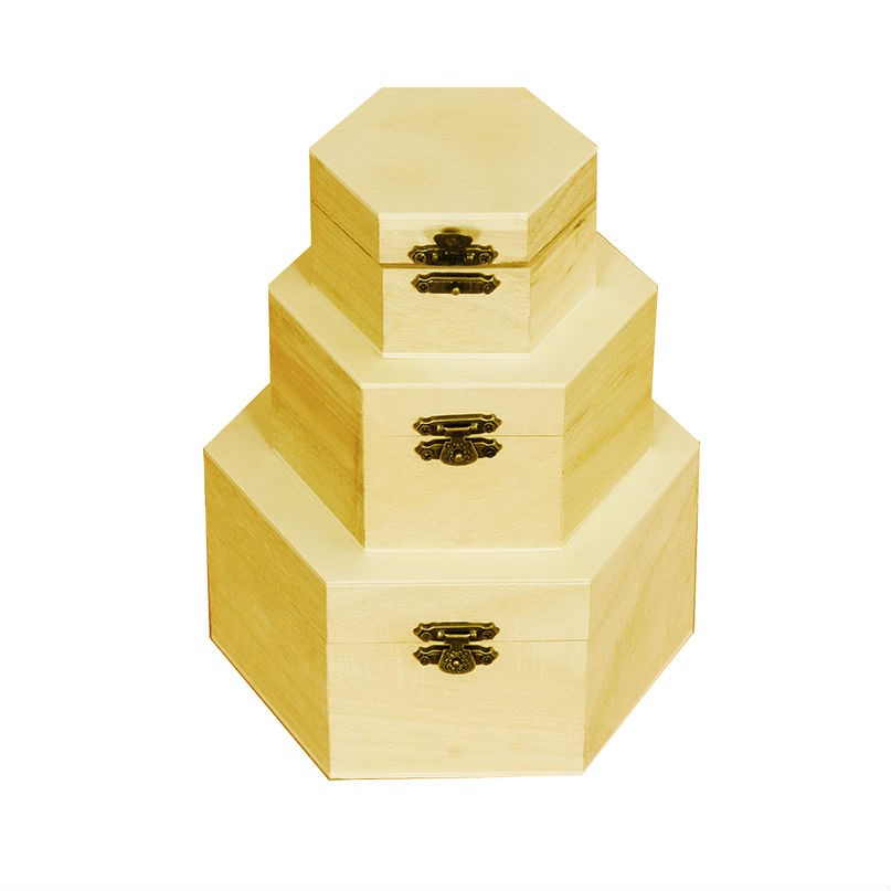 SET 3 CUTII LEMN NATUR HEXAGONALE CU CAPAC