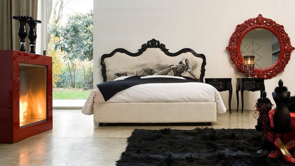 Dormitor in alb, negru si rosu