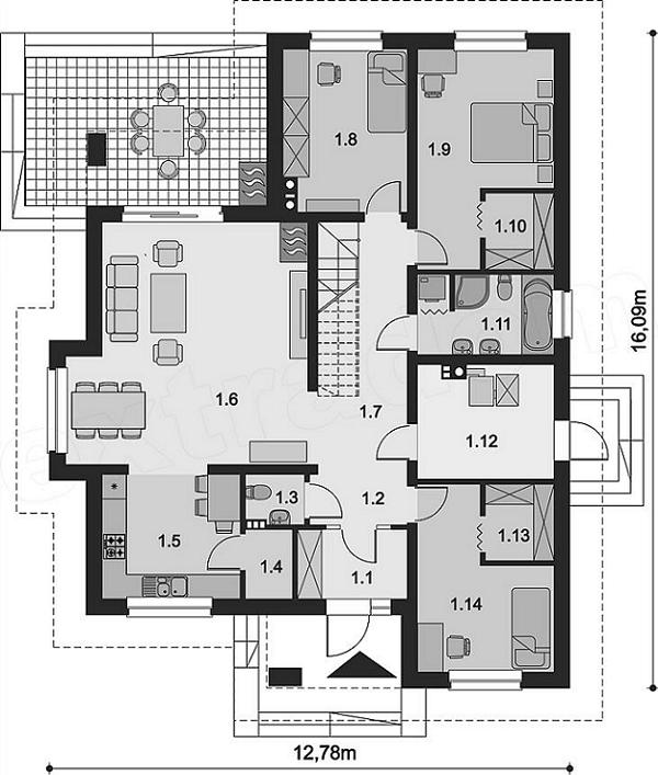 Casa cu trei camere cu o separare clara intre zona de zi si spatiul dormitoarelor - proiect