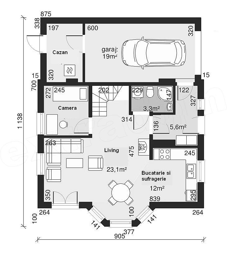 Casa mica cu patru dormitoare si garaj - proiect parter