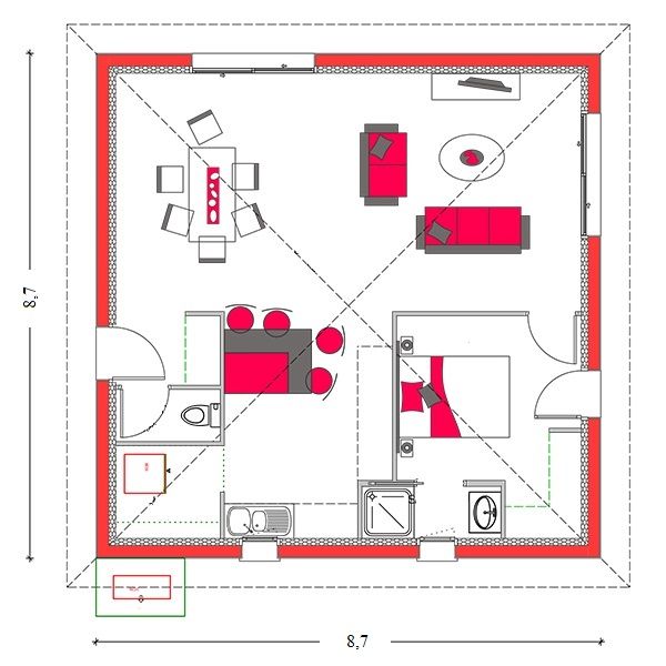 Proiect casa moderna parter, 1 dormitor