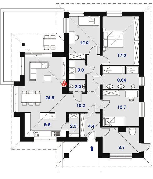 Casa pe un singur nivel cu suprafata de 150 mp si 3 dormitoare - proiect