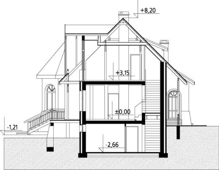 Casa cu aspect rustic, prispa si demisol partial placat cu piatra - sectiune