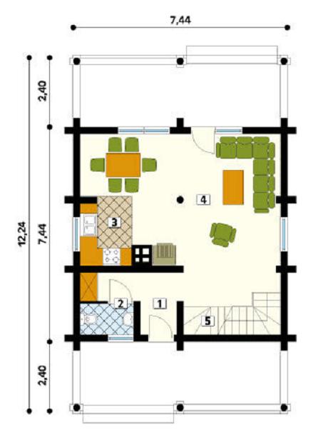 Casa de vacanta cu 2 dormitoare, constructie din busteni - proiect parter