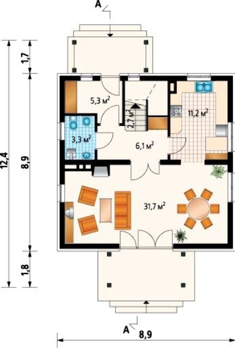  Casa cu balcon din lemn, lucarna si 3 dormitoare la mansarda - proiect parter