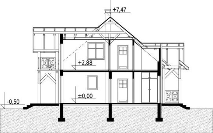Casa cu balcon din lemn, lucarna si 3 dormitoare la mansarda - sectiune