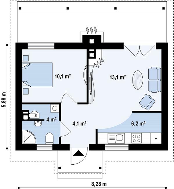 Casa mica din lemn cu living si un dormitor - proiect