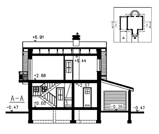 Proiect de casa mica cu garaj si 2 dormitoare la mansarda - sectiune