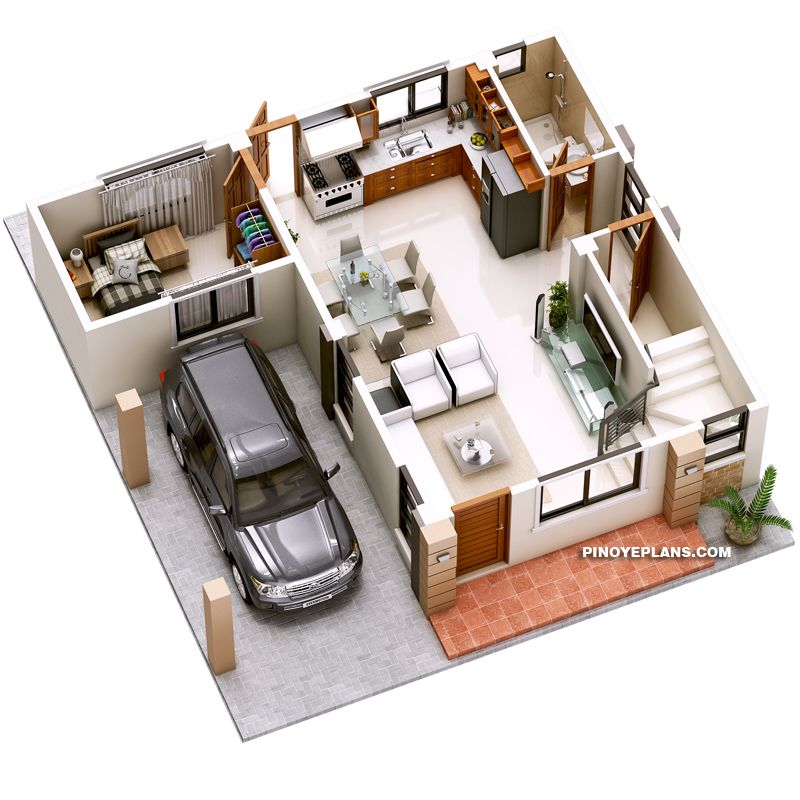 Casa cu etaj, design modern, proiect parter 3D