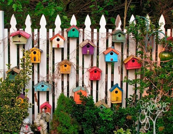 Gard cu casute pentru pasari colorate